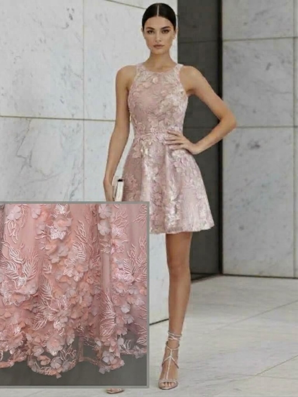 Le Château Floral Appliqué Halter Mini Dress Womens Size XXS Fairycore Pink 3D